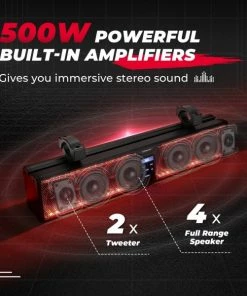Kemimoto UTV Sound Bar RGB 26'' Bluetooth Multicolor Lights 500W Amplifier 1.75''-2'' Roll Bar -SuperATV Sales Shop Bluetooth Multicolor Lights 2