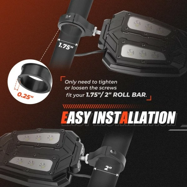 Kemimoto Universal Side Mirror With LED Spot Light For 1.75" - 2" Roll Cage - Image 6